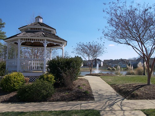 Riggsbee Farm community gazebo has a view of the lake with fountain.