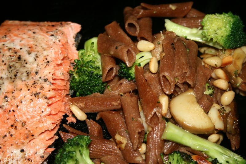 Salmon with sprouted whole wheat pasta