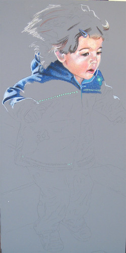 In progress colored pencil drawing enitlted Jump!