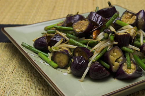 Spicy eggplant and garlic shoots