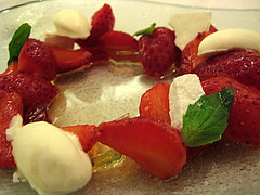 Strawberries with White Balsamic Jelly & Marscapone Sorbet