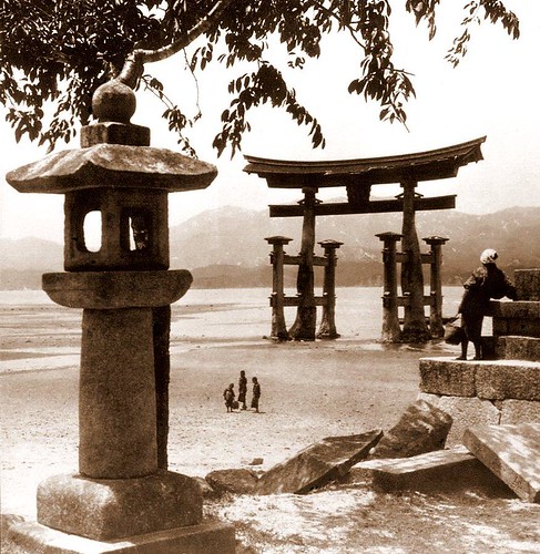 TORII and STONE LANTERN ON THE ISLAND OF MIYAJIMA -- A Nice 3-D Composition in Old Japan (Sorry, Only 2-D Here!)