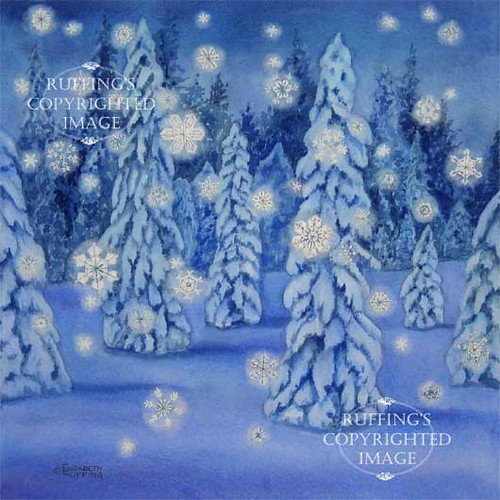 "Snowy Night" ER18 by Elizabeth Ruffing, Snowflakes in a night forest print