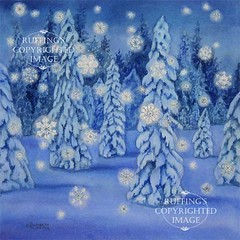 "Snowy Night" Snowflakes in a nighttime forest, Print by Elizabeth Ruffing