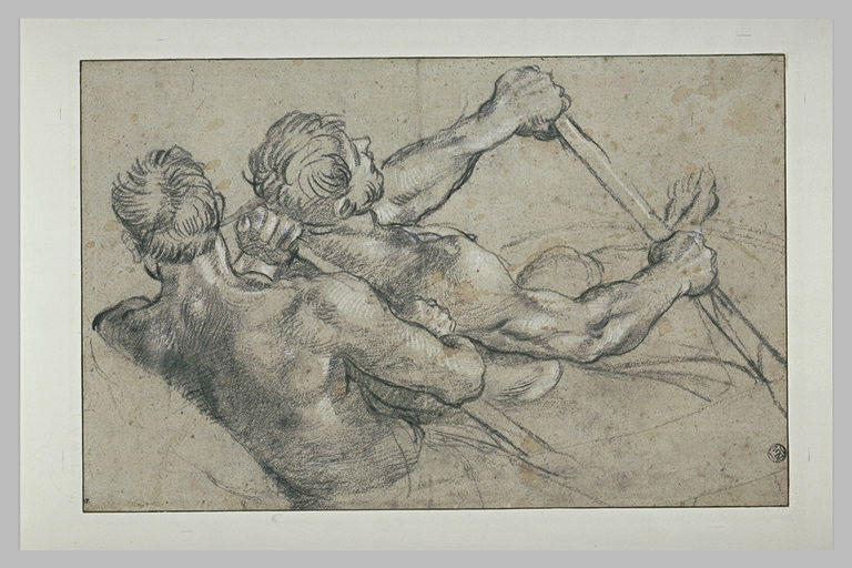 Annibale Carracci (1560-1609) Study of Two Rowers (c. 1600) White and black chalk on grey paper. 24.8 by 38.6 cm. Musée du Louvre, Paris.