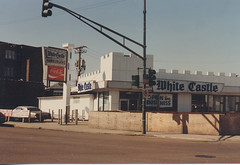 The original 1960's era White Castle restaurant at South Archer and Kedzie Avenues, in Chicago's Brighton Park neighborhood. Seen in March of 1985 prior to demolition.