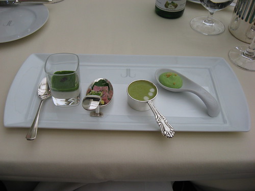 Everest: Amuse bouche - spring onion and garlic mousse, pork belly, asparagus soup, broccoli mousse with parmesan cheese