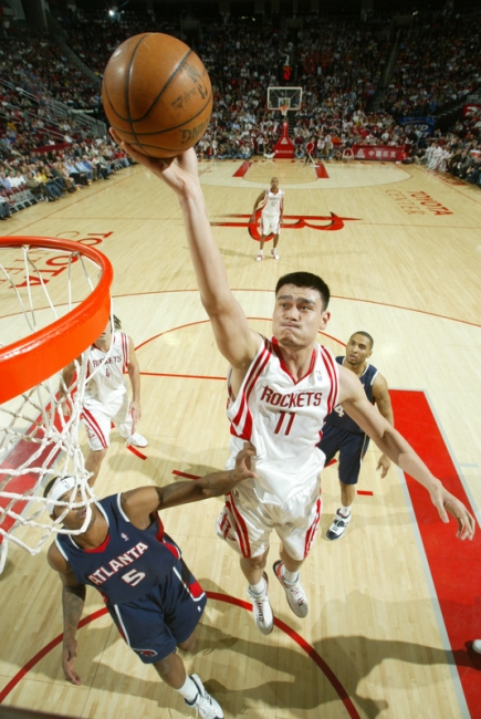Yao Ming scores two of his 28 points (12-of-17 shooting) Saturday night in Houston against the Atlanta Hawks.  Houston beat the Hawks easily, at one time holding a 33-point lead.  The Rockets have won 6 in a row to get their record to 30-20 and are in the thick of the hunt for a playoff spot.