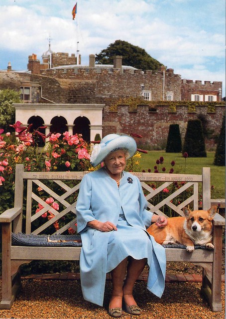 Her Majesty Queen Elizabeth the Queen Mother with one of her Favourite Corgis in the Gardens at Walmer Castle, July 2001