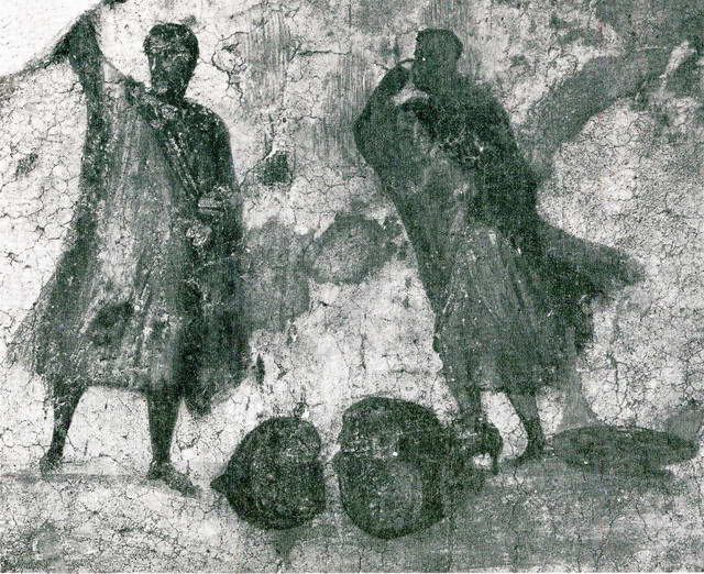 Disputants before a judge, over a broken oil amphora (Ostia, Archaeological Museum)