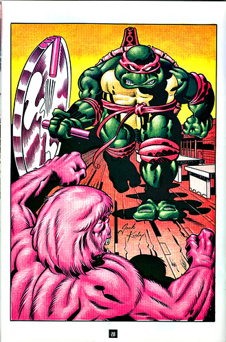 Turtle Soup #4 pg.20 ..art by Thibodeaux & JACK KIRBY from the story "TEENAGE MUTANT NINJA TURTLE" by Mark Thibodeaux & Guy Romano  [[ Mike v. Troll ]]  (( 1992 ))