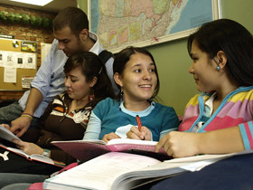 Andres Castano, 24, Luisa Durango, 17, Gabriela Barrera, 17, and Daniela Garcia Bedoya, 17, study at Inlingua ESL school.
