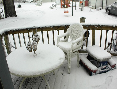 Let me wipe some of the dust off that chair for you before you sit down. Also, the inch of snow.