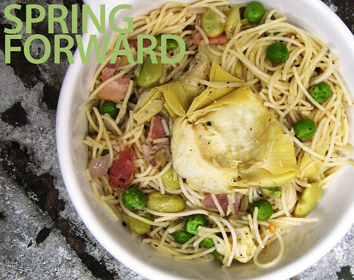 Capellini with Artichokes, Lima Beans, Peas, and Bacon (with title)