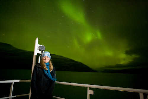 Hannah Bird and the northern lights as we sail down Kangerlussuaq Fjord
