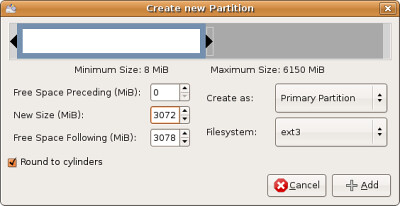 create new ext3 partition for linux instalation