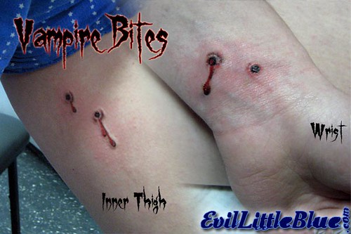 Nikole's Vampire Bites. on the wrist and inner thigh with blood drop. Tattoo 