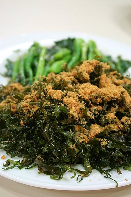 Kailan in two ways - deep-fried shredded leaves topped with pork floss; steamed stalks with garlic