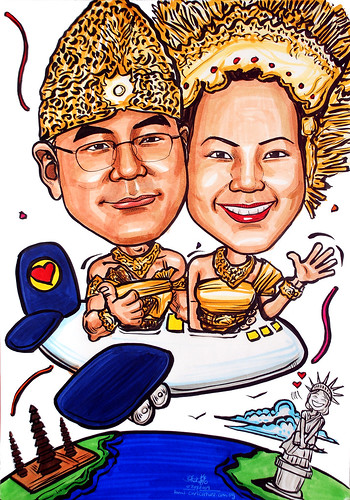 Balinese couple wedding caricatures flying to US