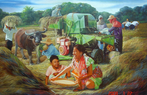 Rural scene painting of farmers harvesting and treshing rice by by Dante Hipolito. Mother, Son, carabao machine bukid magsasaka anihan palay  Pinoy Filipino Pilipino Buhay  people pictures photos life Philippinen  菲律宾  菲律賓  필리핀(공화국) Philippines special espesyal farming  