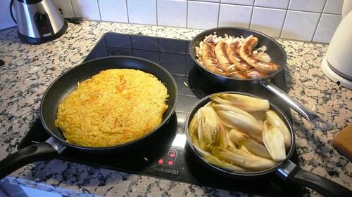Cooking Rösti, Calf Sausages and Chicory