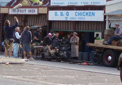 Director and crew outside The Fruit Shed, Rathdowne Street