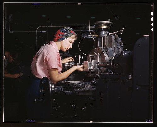 Women become skilled shop technicians after careful training in the school at the Douglas Aircraft Company plant, Long Beach, Calif. Most important of the many types of aircraft made at this plant are the B-17F ("Flying Fortress") heavy bomber, the A-20 (