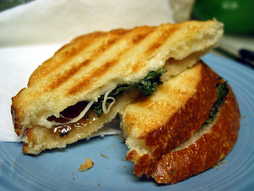 Grilled cheese with onion jam, Emmentaler, and escarole
