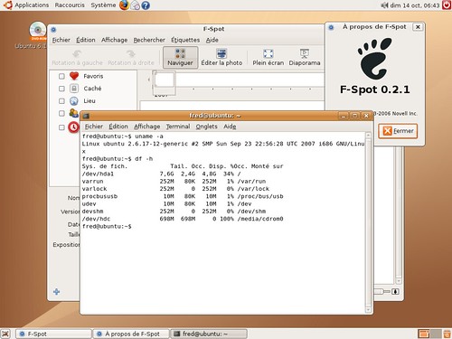 fspot et un terminal indiquant la taille prise par une ubuntu edgy nue et mise à jour.