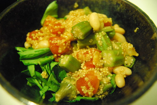 Quinoa with beans and okra on spinach