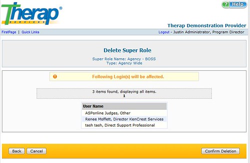 screenshot showing how to delete super role by select the User name on 'Delete Super Role' page.
