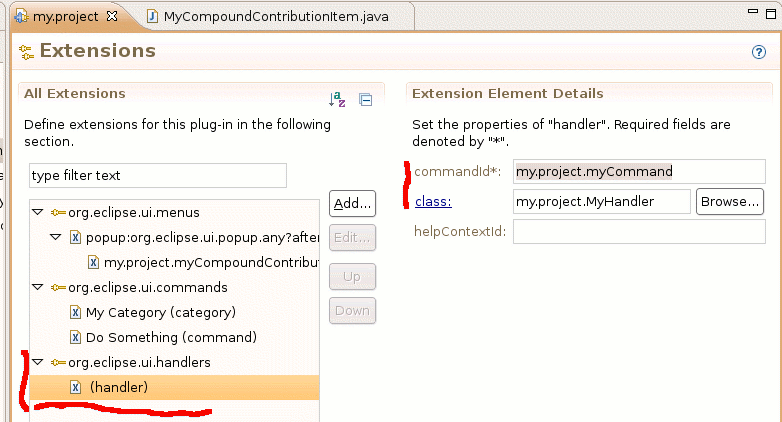 Three declared extensions are used for adding a context menu command with a dynamic label.