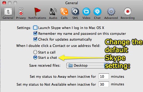Change default Skype setting to chat instead of call