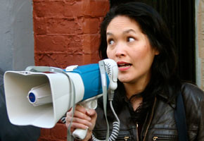 MLA Jenny Kwan addresses a demonstration at the Dominion
