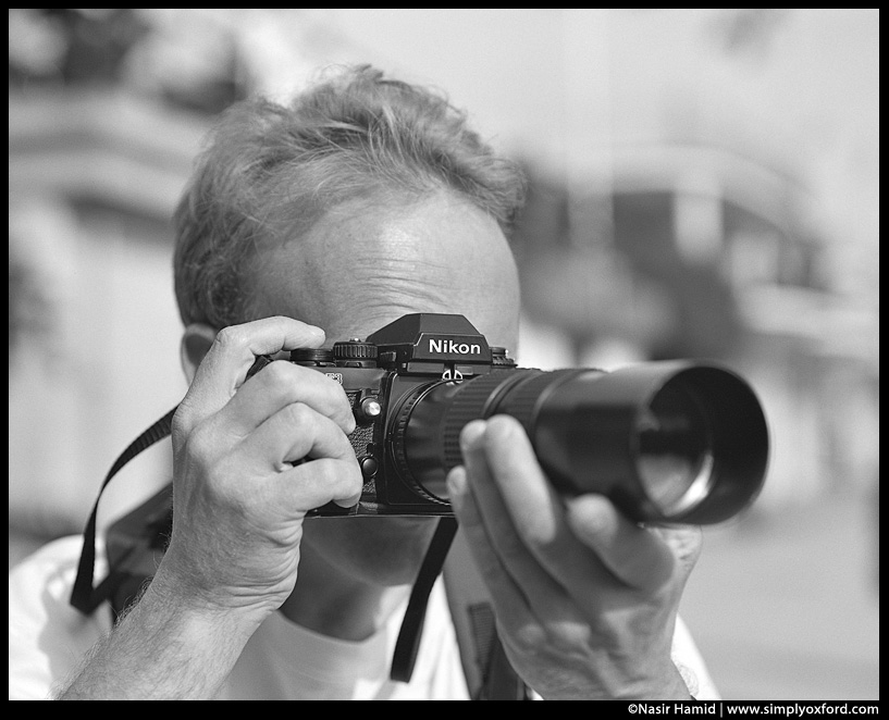 Photographer using a Nikon F3 film camera