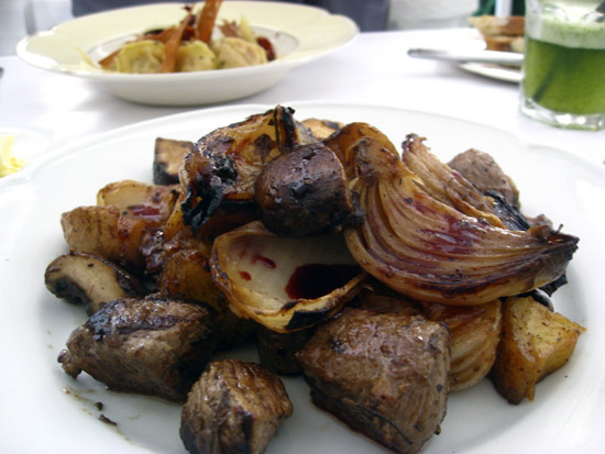 Beef, potatoes, onions, and mushrooms