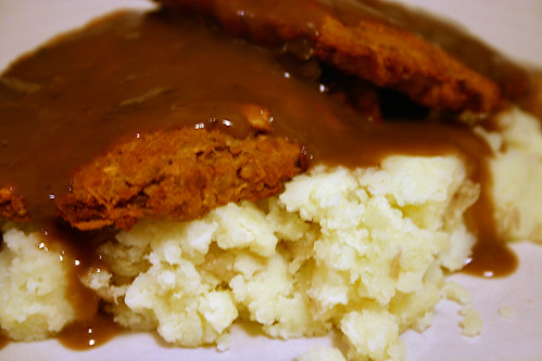 Chickpea cutlets, mashed garlicky potatoes and mushroom gravy