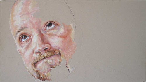 In progress scans of an as-yet untitled colored pencil portrait.