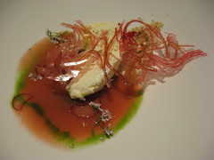 Charlie Trotter's: Stewed rhubarb with white chocolate yogurt and coriander shortbread (close up)