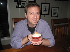 Tim with a red velvet birthday cupcake. (09/25/07)