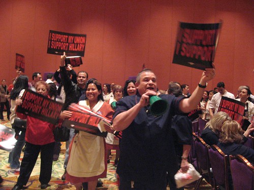 Raucus Obama and Clinton supporters faced off at caucus at the Wynn Hotel at