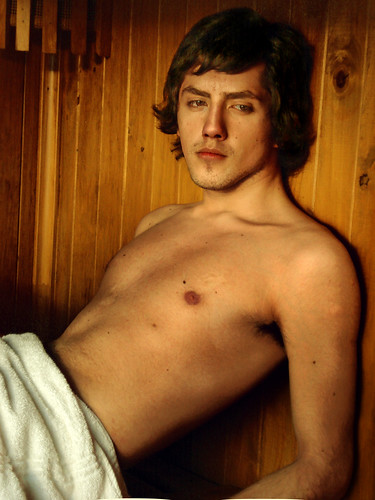 sexy hunk in sauna hot man shirtless wearing towel