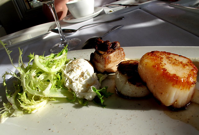Seared Scallops, pork belly, endive and poached egg at Top of the Market