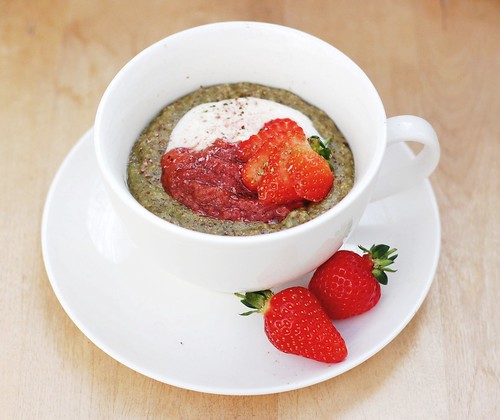 matcha oatmeal with sakura soya yoghurt + strawberry compote, with sakura blossom & cherry leaf powder