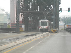 A westbound train crosses the Steel Bridge