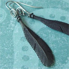 carved black horn crow feather earrings with sterling silver handmade hammered findings