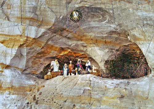 Nativity scene, in cliff face, in Pacific, Missouri, USA