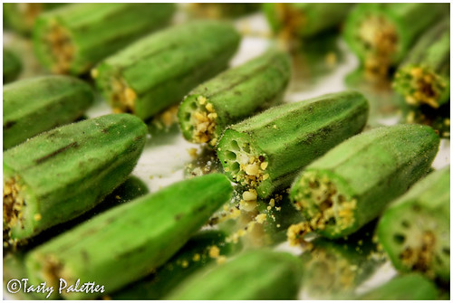 Okra stuffed and ready to be baked