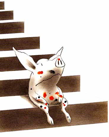 ilustração do livro Olivia, mostra a porquinha meio desanimada, toda suja de tinta, sentada numa escada