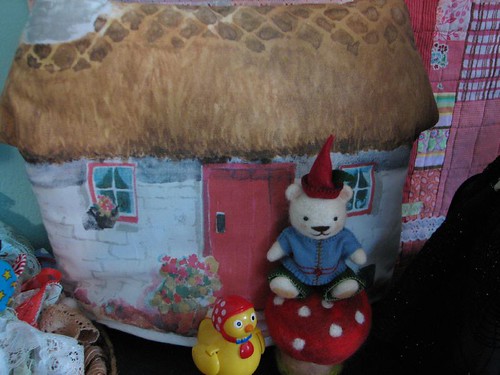 tea pot cover found thrifting makes a perfect gnome home